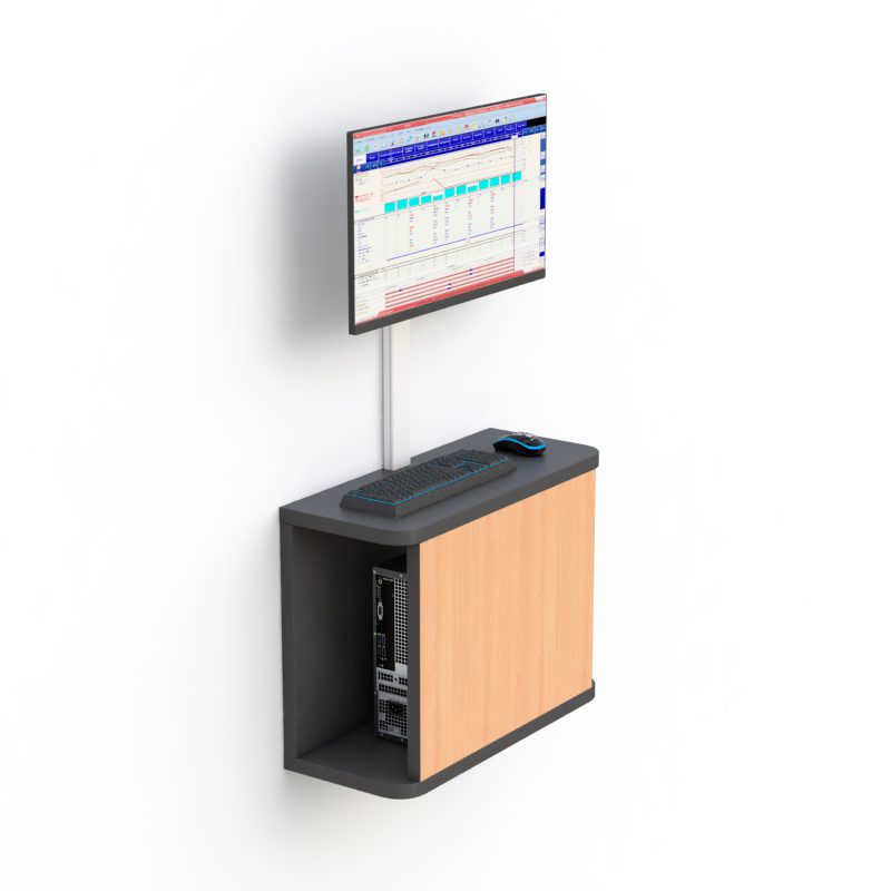 Installed in a clinical environment with tray folded away and monitor ready for use.