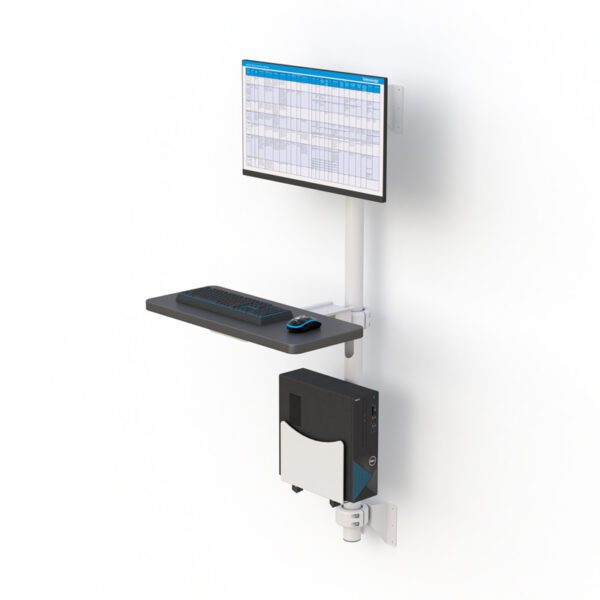 Side view showing extended monitor arm and slide‑out keyboard tray on vertical wall track.