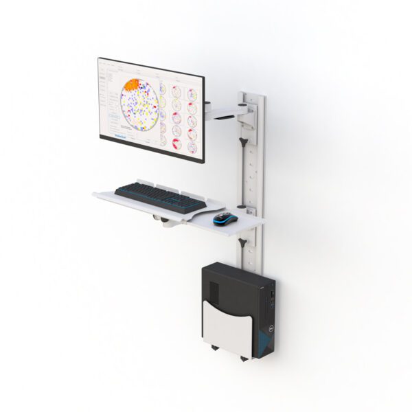 Side view showing extended monitor arm and slide‑out keyboard tray on vertical wall track.