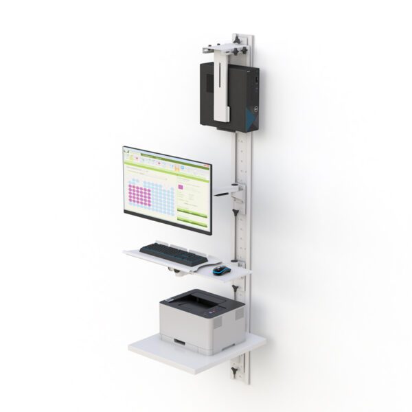 Side view of track-mounted workstation with extended keyboard tray and monitor arm.