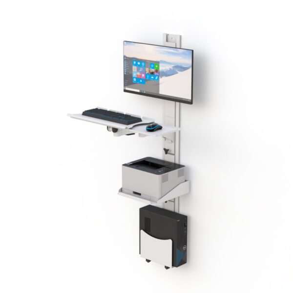 Side view of wall-mounted workstation with dual-monitor mounts and keyboard tray extended.