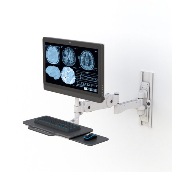Side view showing monitor arm extended with keyboard tray folded beneath, mounted on wall track.