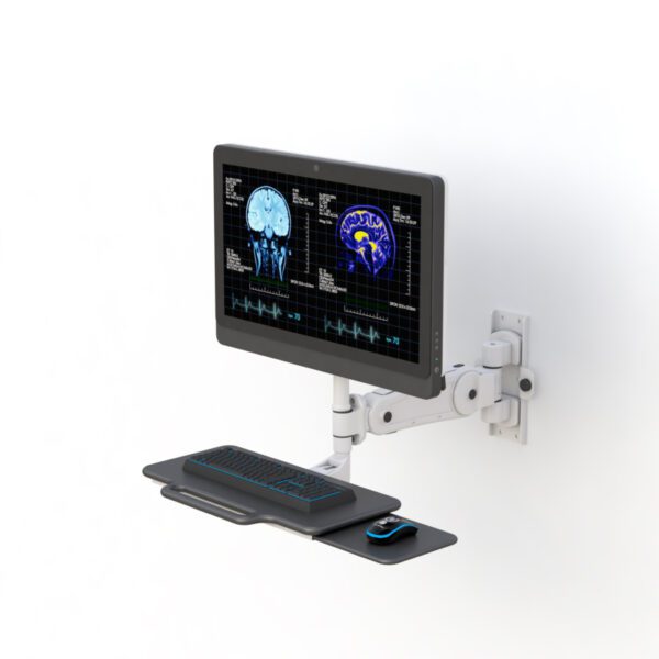 Side view of wall-mounted monitor arm extended, showcasing keyboard and mouse tray in use.