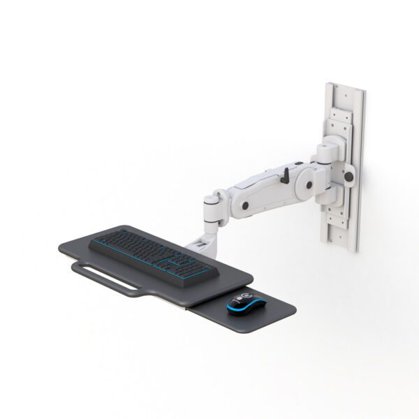 Side view of wall-mounted keyboard tray extended, showcasing foldable arm and ergonomic design.