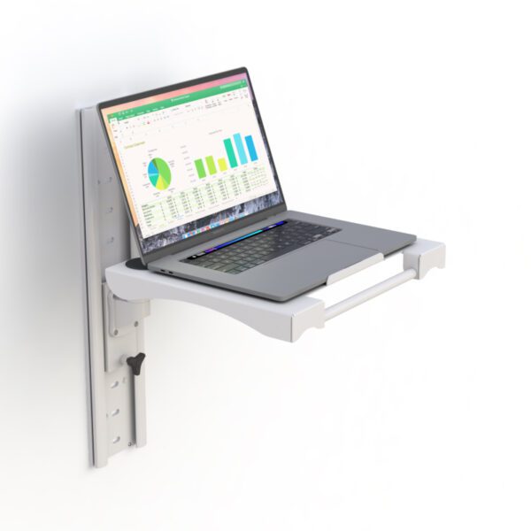Side view showing laptop arm extended from wall track with tray open for typing.