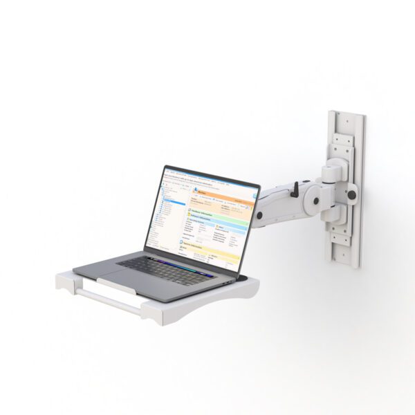 Side view of laptop arm on track, tray extended and arm angled upward for ergonomic typing.