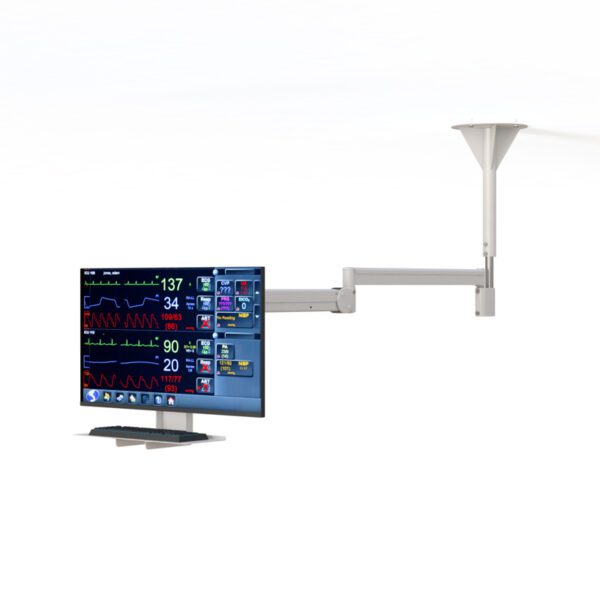 Side view of ceiling LCD mount showing adjustable arm, keyboard tray, and cable concealment.