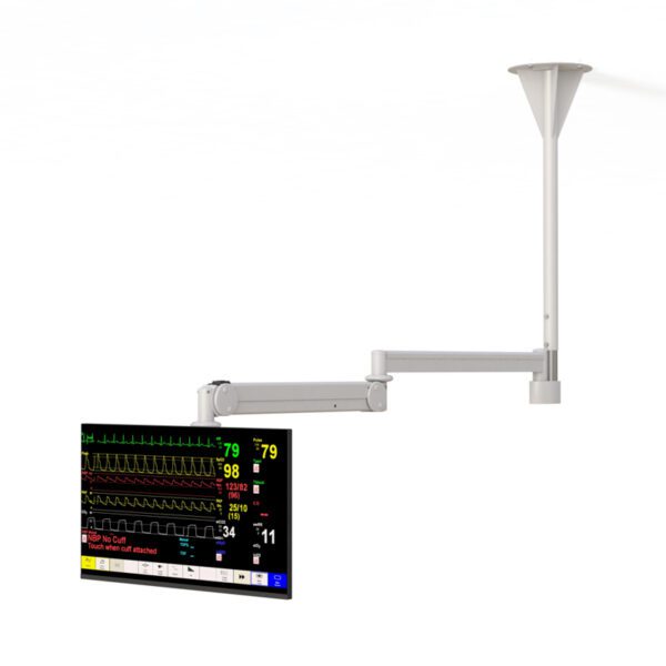 Side view of ceiling monitor arm extended, showing dual‑joint articulation and cable concealment channel.