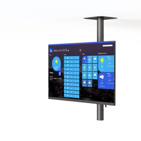 Side view of ceiling‑mounted monitor arm showcasing extension joint and cable concealment.