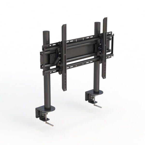 Close-up of gas-spring VESA mount pivoting on rail with integrated cable management tube.