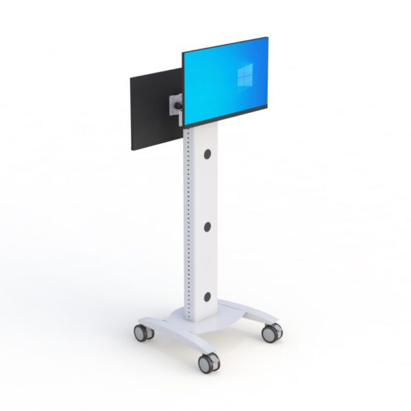 Rear angle of mobile computer stand featuring cable management system and sturdy base construction.