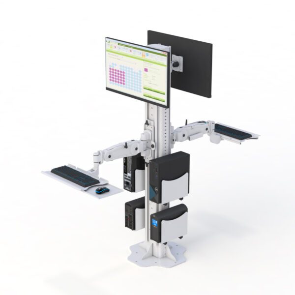 Front view of floor base computer station showing dual monitors, keyboard trays, and CPU holders.
