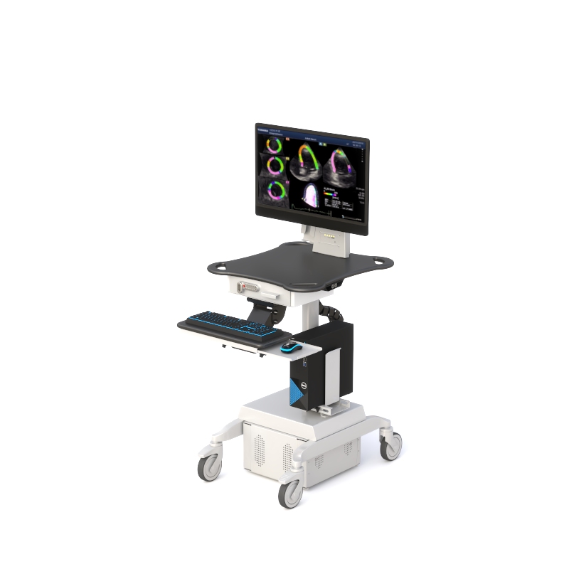 Rolling Point of Care Medical Computer Cart 6 Mobile ultrasound workstation cart with monitor, cable management arm, keyboard tray, and vented base cabinet