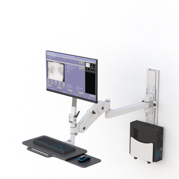 Front perspective displaying monitor centered above fold‑out keyboard tray and printer shelf beneath.
