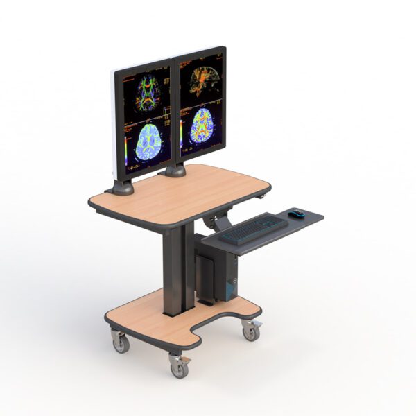 Side profile showing retractable mouse tray and adjustable middle shelf for equipment