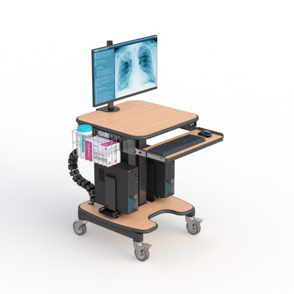 Side profile of the stand with retractable keyboard tray and compact footprint for clinical mobility.