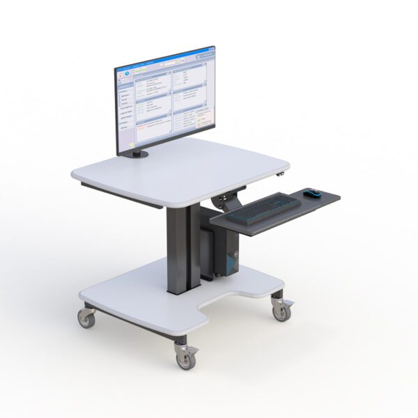 Side angle showing compact wheeled base and ergonomic monitor arm for flexible positioning.