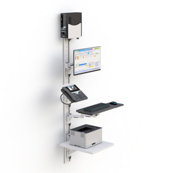 Front angle displaying keyboard tray extended, mouse tray visible, and monitor mounted above.