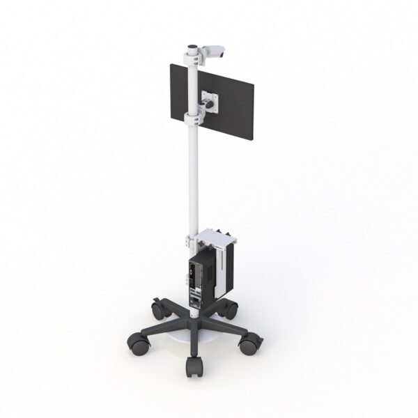 Side profile highlighting adjustable camera arm, cable management channel, and sturdy caster wheels.