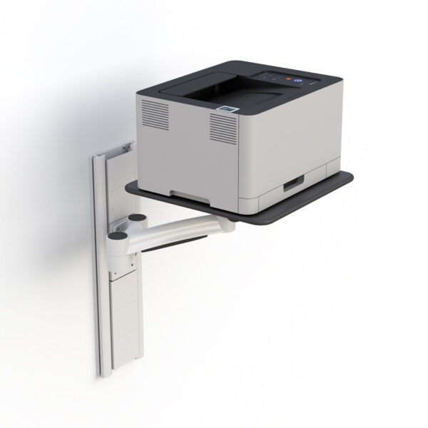 Shelf folded flat against wall for compact storage in medical or industrial workspace.