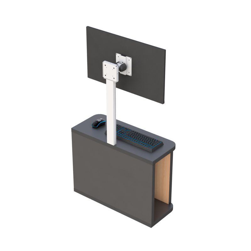 Angled shot showing adjustable height track and compact wall-mounted work setup.