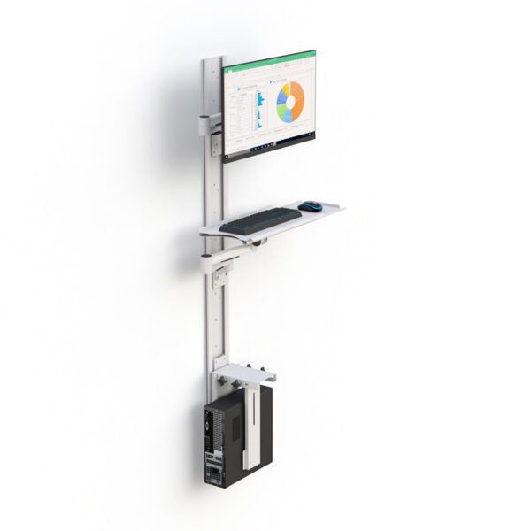 Installed in clinical setting with keyboard tray folded flat and monitor positioned for ergonomic use.