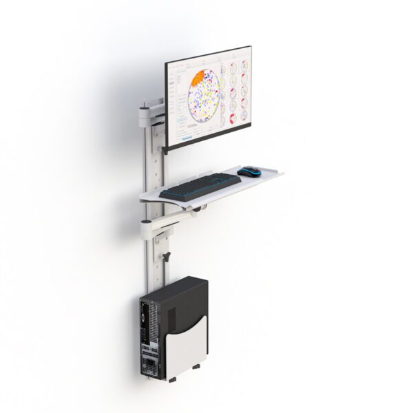 Front perspective with monitor tilted and keyboard tray pulled out for ergonomic typing.