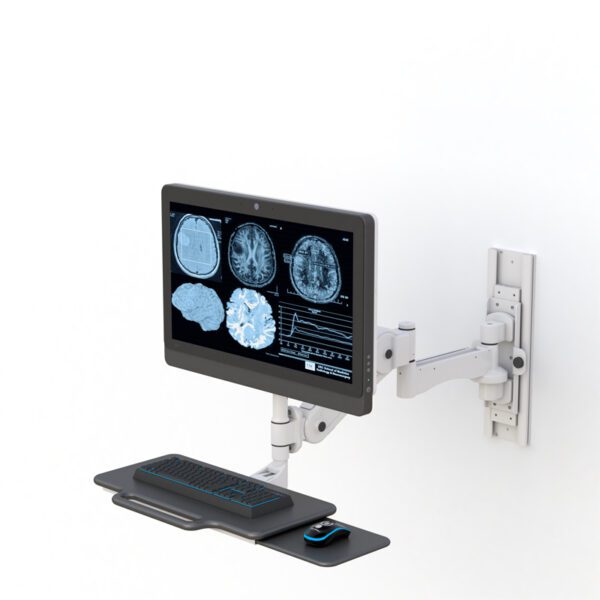 Close-up of VESA 75/100 compliant bracket with tilt and 3" height adjustment mechanism.