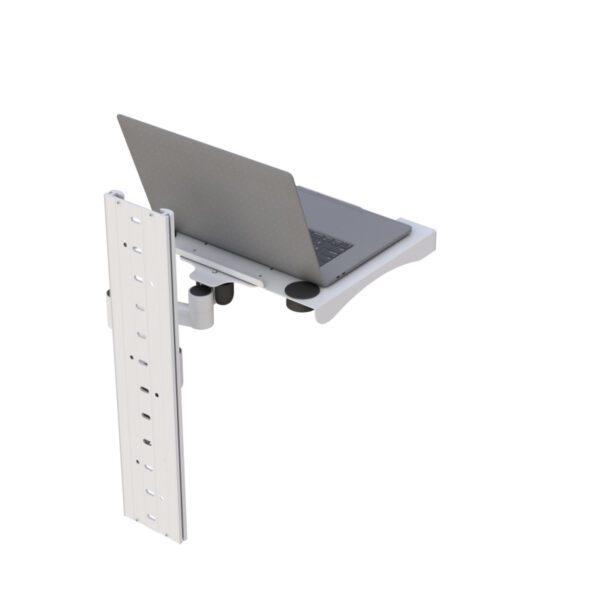 Close-up of tray hinge and swivel arm joint with anti-slip pads and cable channel.