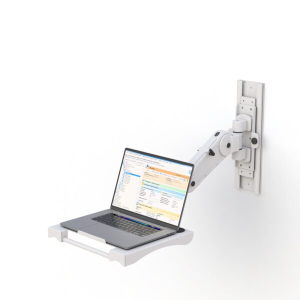 Front angle of cradle and foldable tray in use, secured under montage track system.