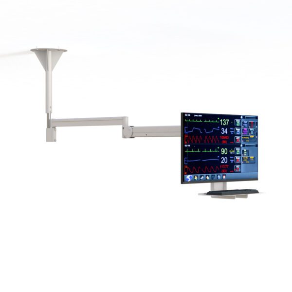Close‑up of keyboard tray hardware and swivel mechanism under LCD screen.