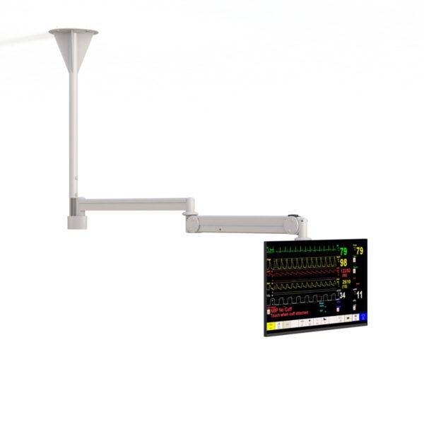 Close-up of VESA mounting plate and tilt mechanism on ceiling monitor arm assembly.