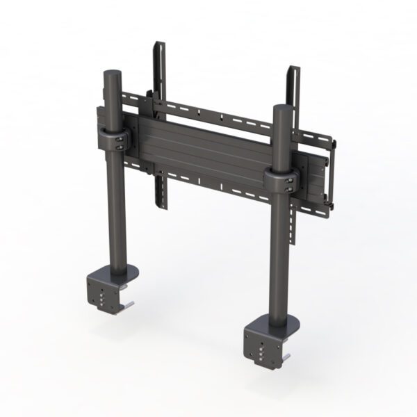 Rear detail of clamp base securing poles to desk edge with height-adjustment knobs visible.
