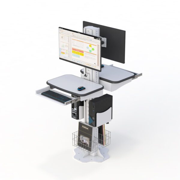 Full view of workstation installed in a work area, illustrating its stability and support for ergonomic monitor set up.