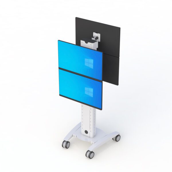 Computer workstation desk on wheels configured with CPU holder and monitor arm for efficient mobility and use.