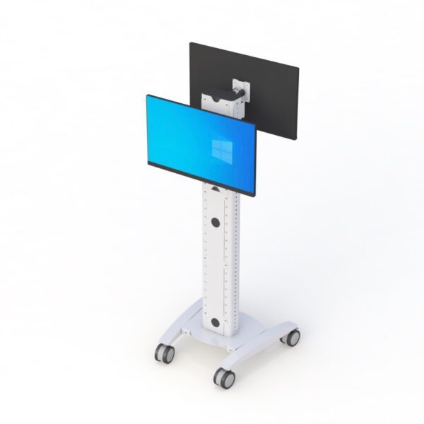 Close-up of adjustable keyboard tray and mouse platform on the ergonomic mobile computer stand.