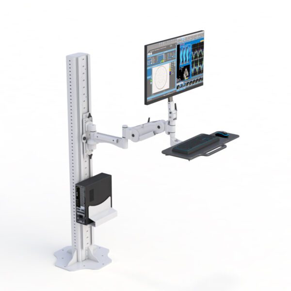 Triple monitor desk stand clamp setup integrated into a floor-mounted industrial computer station with storage.