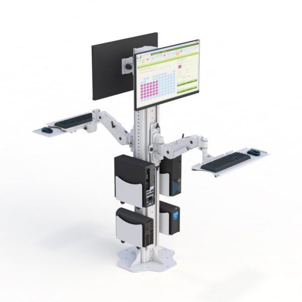 Floor mounted computer stand installed in a lab setup with peripherals, emphasizing its compact footprint.