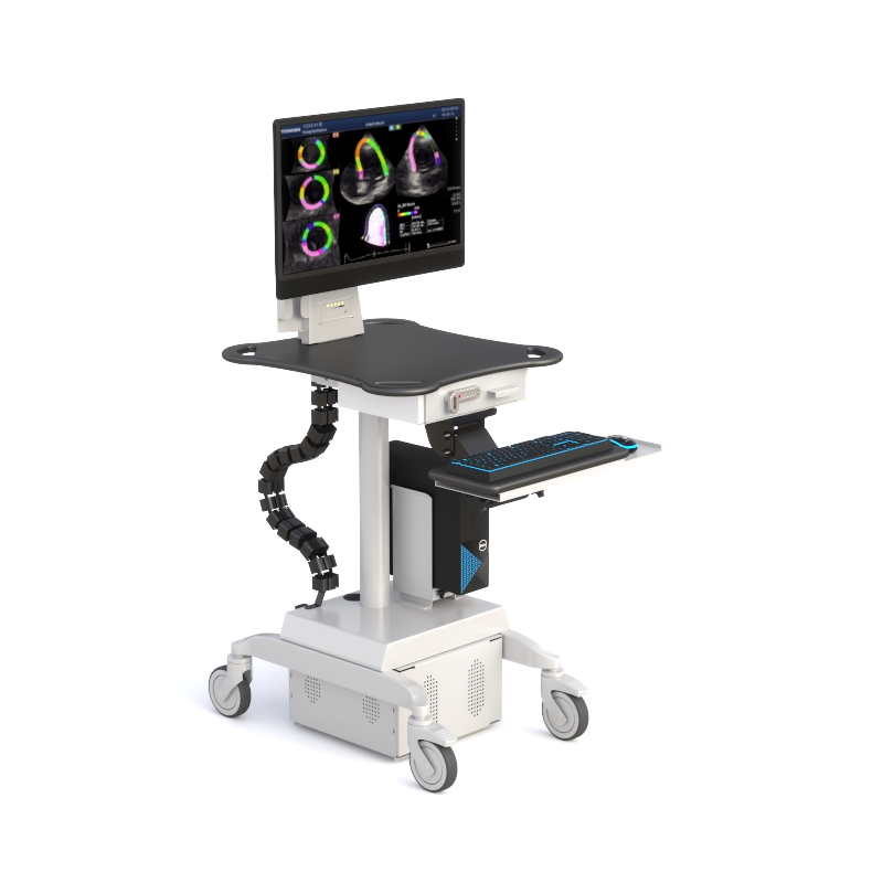 Rolling Point of Care Medical Computer Cart 2 Ultrasound imaging cart with monitor, cable management chain, keyboard tray, and vented storage cabinet