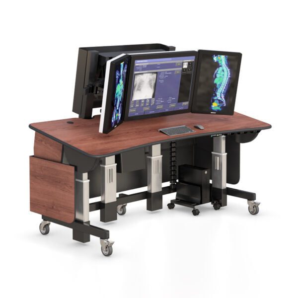 AFC's radiology remote desks: a modern workspace with computer monitors, keyboards, and medical equipment.