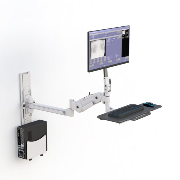Close‑up of keyboard tray hinge and foldable printer shelf with cable management clips.