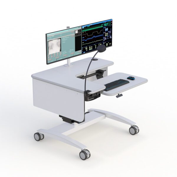 Hospital-grade standing computer cart with noiseless wheels for patient areas