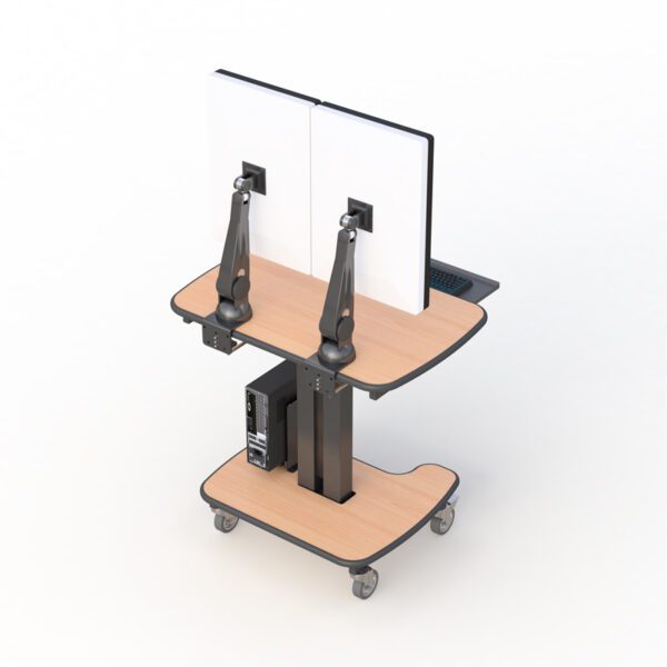 Close-up of metal drawer and wire management system for organized workspace