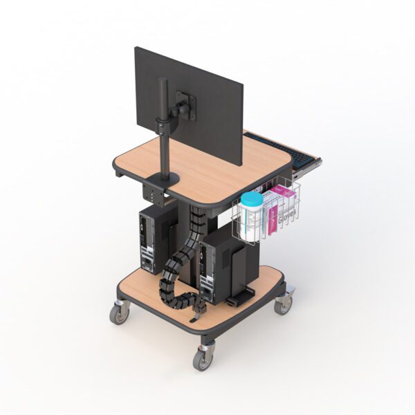 Close-up of adjustable monitor arm and cable management features for organized workstation use.