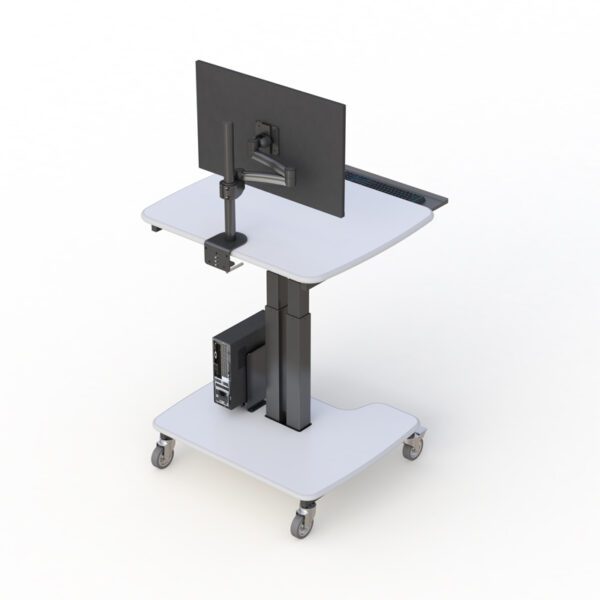 Close-up of the keyboard tray and monitor mount, highlighting cable organization and adjustability.