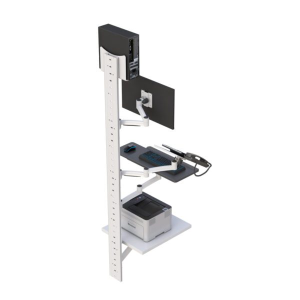 Close-up of fold-down printer shelf and cable management clips integrated into workstation.