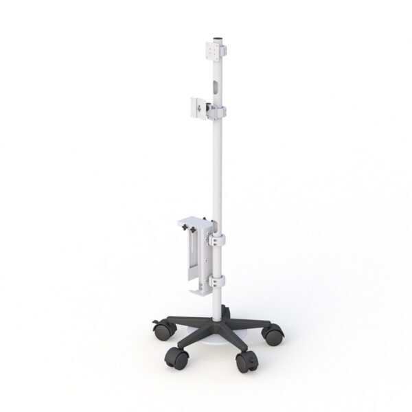 Close-up of the PTZ camera mount with attached speaker pods on sleek equipment mast.