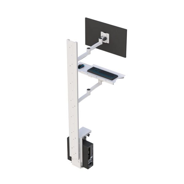Rear view showing secure CPU bracket attached to vertical track below workstation.