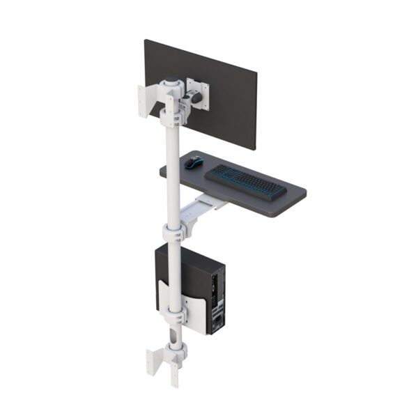 Close‑up of CPU holder below tray and cable management channel on mount arm.