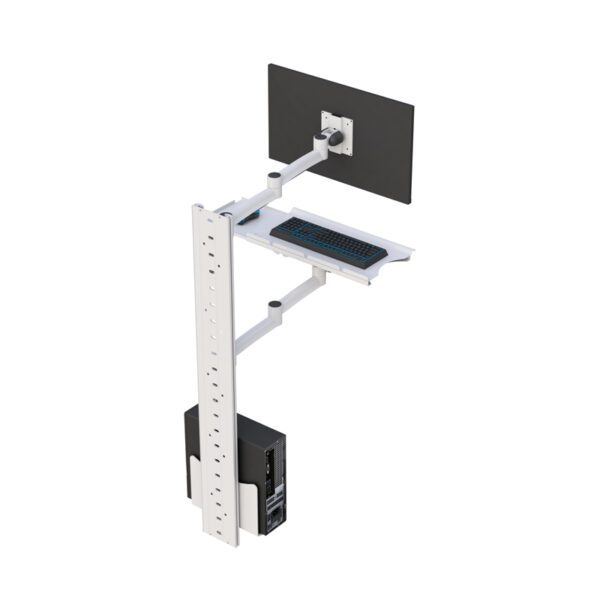 Close‑up of CPU holder below tray and cable management channel on mount arm.